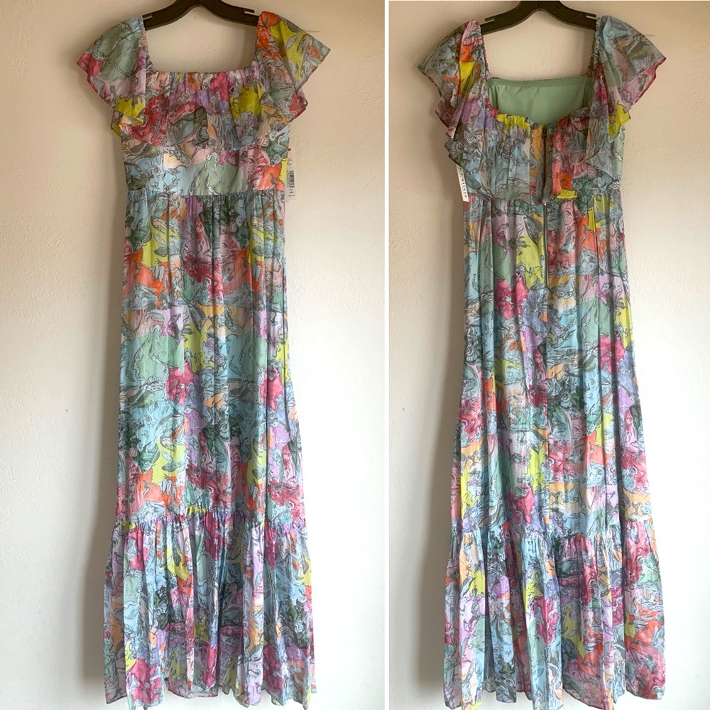 NWT Alice + Olivia Ruffled Off Shoulder Maxi Dress - Multi Print Boho Maxi Dress - Picture 11 of 15